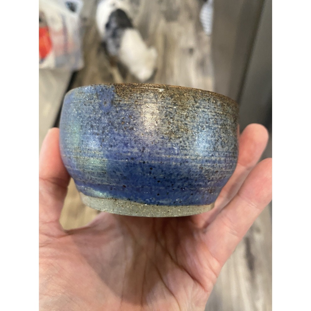Studio Art Pottery Bowl Signed Drip Glaze Denim Cobalt Blue Handmade Small